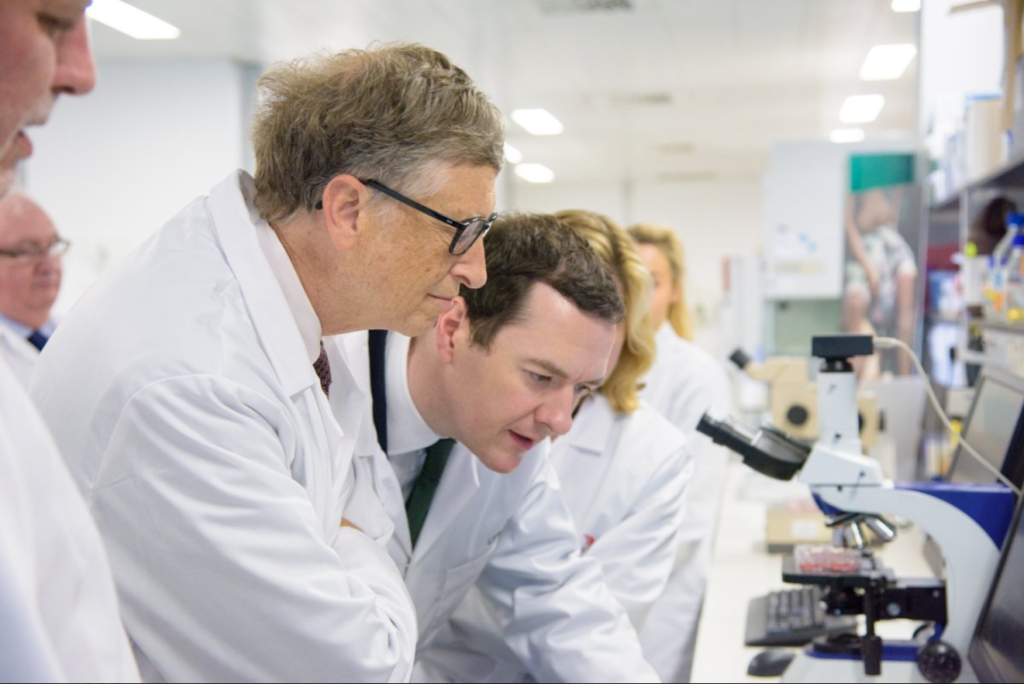 Bill Gates and George Osborne at a research lab during a lab tour at the Liverpoool School of Tropical Medicine.